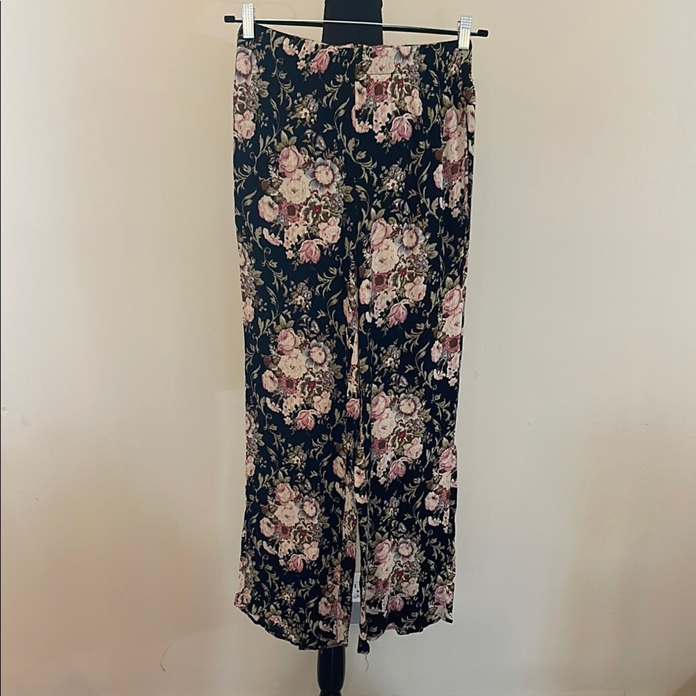 Rayon BBJ Boho Hippie Beach Summer Floral Print on Black Wide Leg Pants sz L
